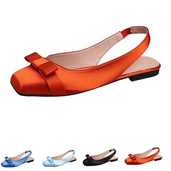 EKVAHL Womens Satin Slingback Flats, Square Toe Bow Accent Ballet Loafers, Slip-On Dressy Low Heel Shoes, Office Wedding Party Casual Footwear Red