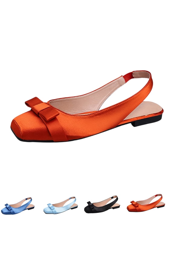 Womens Satin Slingback Flats, Square Toe Bow Accent Ballet Loafers, Slip-On Dressy Low Heel Shoes, Office Wedding Party Casual Footwear Red