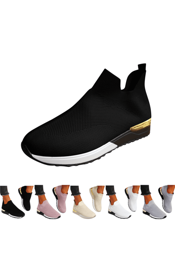 Womens Sneakers Platform Fashion Slip On Walking Shoes Breathable Running Shoes Lightweight Casual Breathable Knit Mesh Low Top Gym Shoes Flat Non Slip Workout Shoes Play Sneakers Black