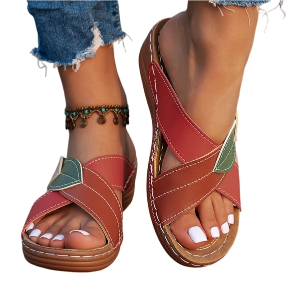 EKVAHL Womens Wedge Slide Sandals Summer, Colorful Strap Slip On Platform Shoes, Orthopedic Arch Support Casual Walking Flip Flops for Plantar Fasciitis Red