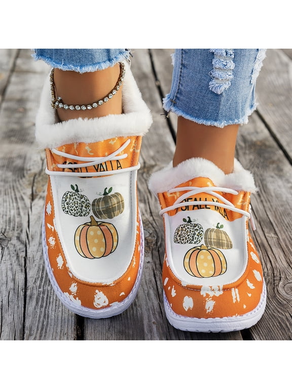 Womens Winter Cozy Shoes Halloween Print Low Top Flat Cotton Shoes Non-Slip Outdoor Soft Warm Home Shoes