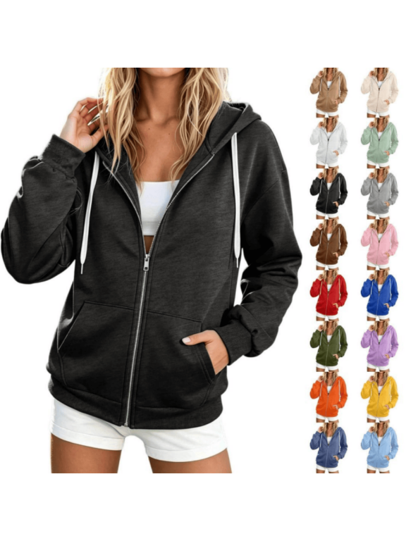 Womens Zip Up Hoodie Full Zip Up Casual Long Sleeve Sweatshirt Soft French Terry Comfy Midweight Track Jacket Y2K Fall Winter Outwear with Pockets, Black XL