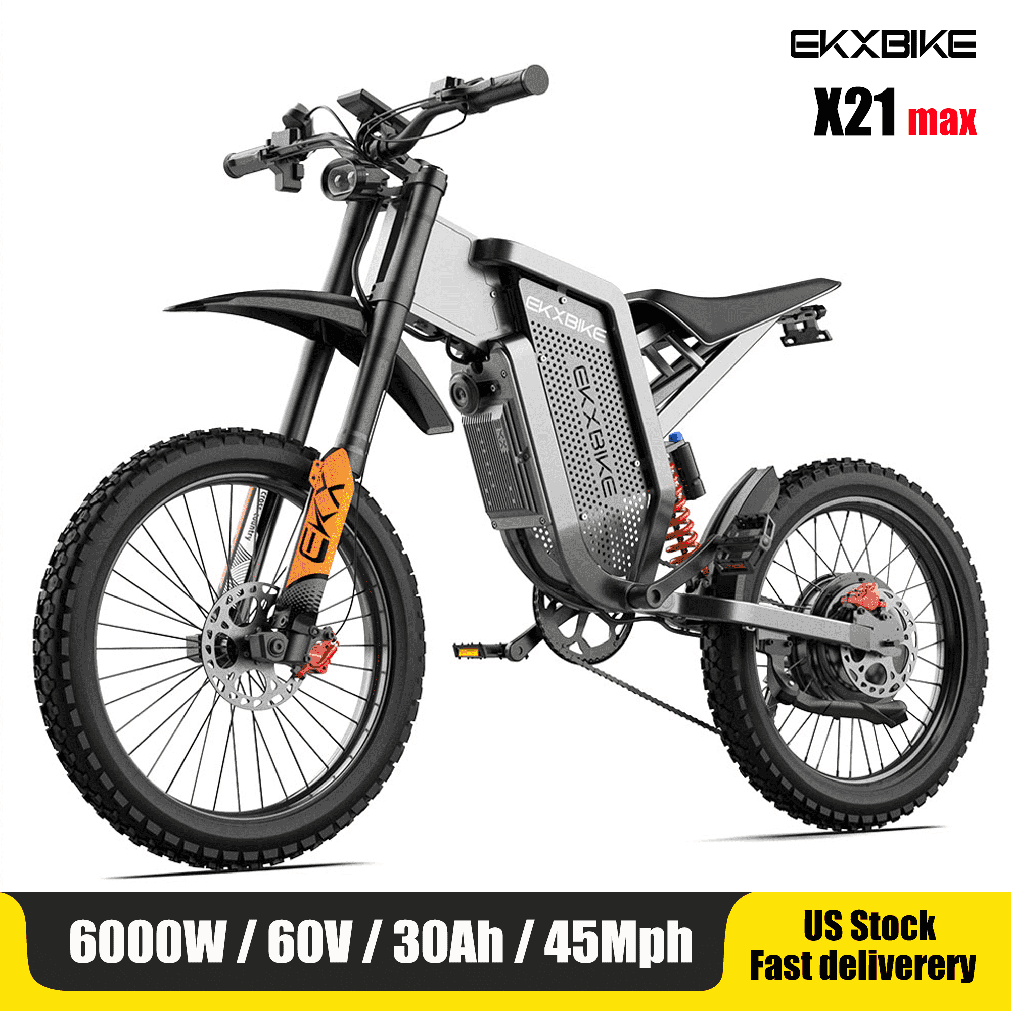 EKXBIKE X21 Max Electric Dirt Bike for Adults&Teens,6000W(Peak)45MPH with 60V30AH LG Battery 60Mile,Shimano 7 Speed ,19" Fat Tire off road All Terrain electric motorcycle UL2849