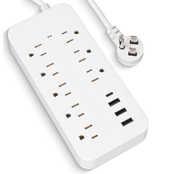 8-Outlet Surge Protector Power Strip with 3 USB (1 USB-C), 4ft Flat Plug, 1250W/1700J, Switch for Office/Dorm, White