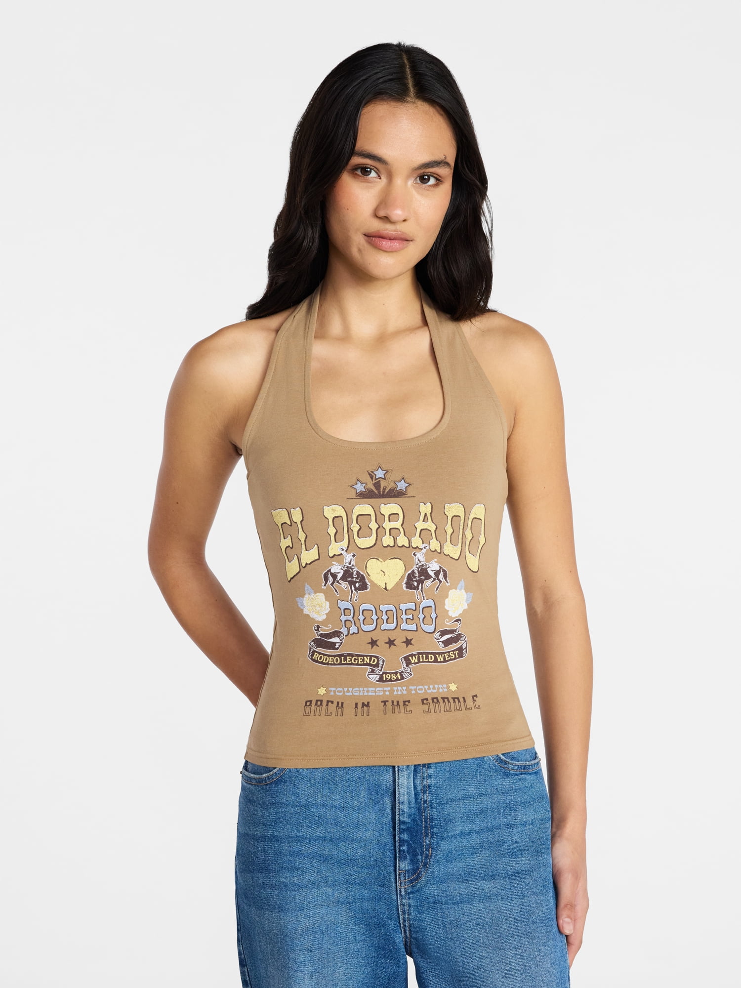 Social Edition Women's El Dorado Cotton Graphic Halter Tee, Sizes XXS-XXL
