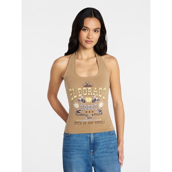 Social Edition Women's El Dorado Cotton Graphic Halter Tee, Sizes XXS-XXL
