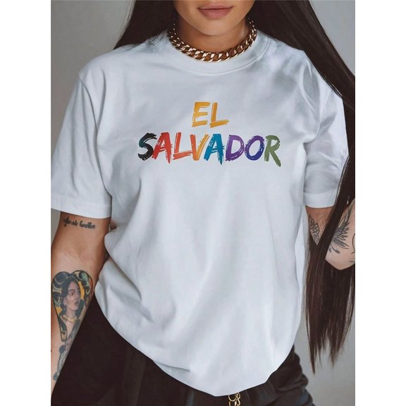 EL SALVADOR Rainbow Letter Graphic Tee Women Casual Short Sleeve Round Neck Black Streetwear Summer Pride Cultural Flag Inspired T-Shirt