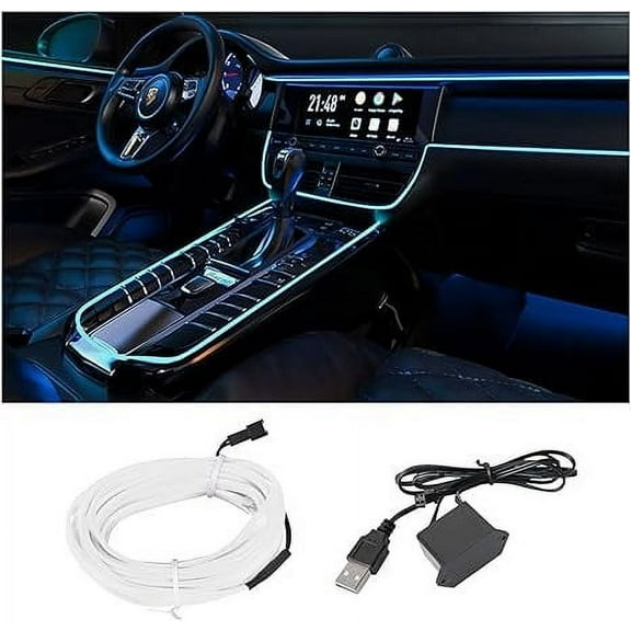 EL Wire Interior Car LED Strip Lights, USB Auto Neon Light Strip with Sewing Edge, 16FT Electroluminescent Car Ambient Lighting Kits with Fuse Protection, Car Decoration Accessories