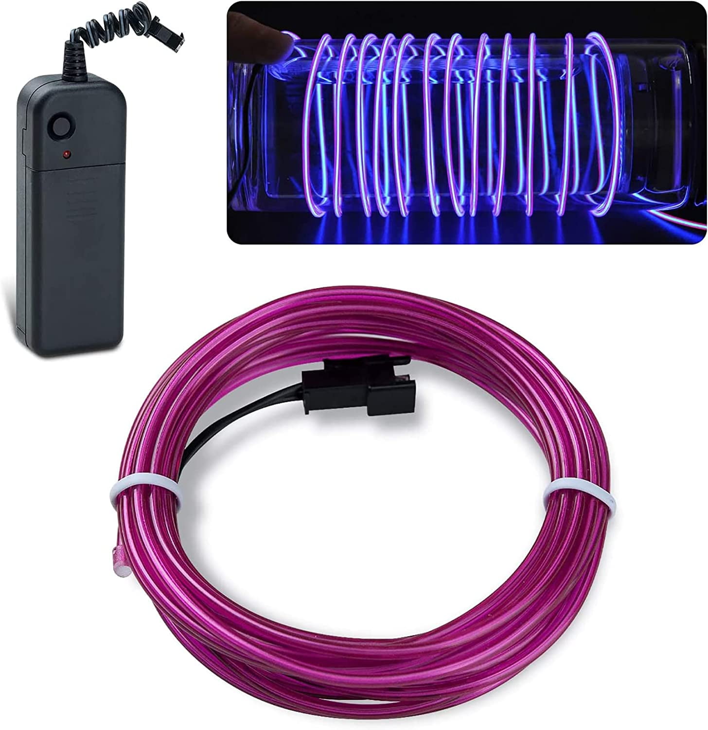Cuttable Rope EL Wire Purple, 16.4ft/5m Portable Battery Pack Neon Lights Strip 360 ...