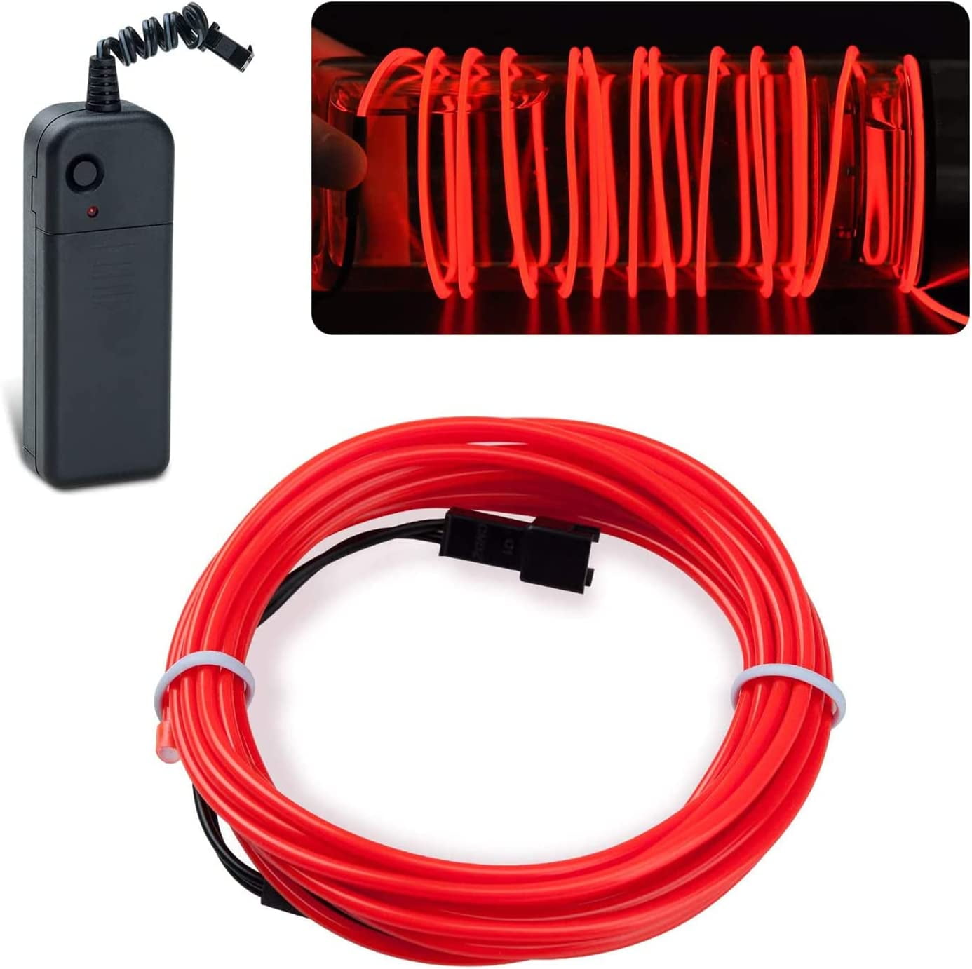 Neon Rope Light Battery EL Wire Red, 13.1ft/4m Portable Battery Pack Neon Lights Strip 360 ...