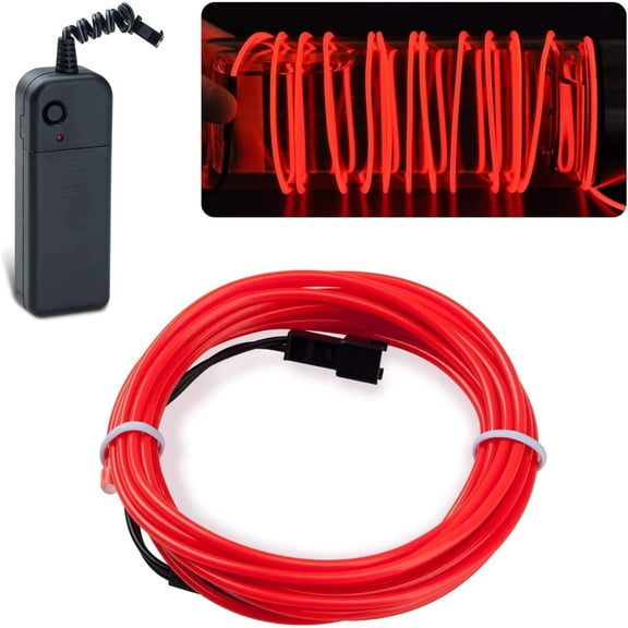 EL Wire Red, 6.6ft/2m Portable Battery Pack Neon Lights Strip 360° Cuttable Glowing Rope Lights for Parties, Pub,Halloween,Christmas DIY Decoration