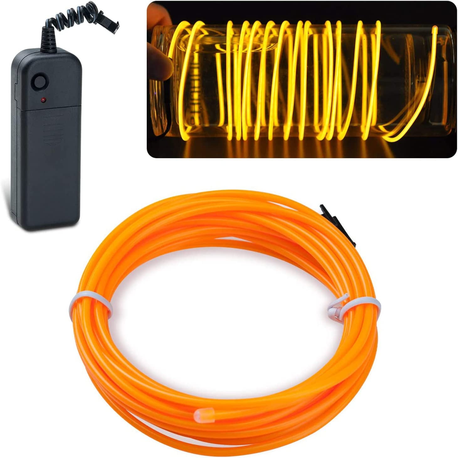 Cuttable Rope EL Wire Yellow , 13.1ft/4m Portable Battery Pack Neon Lights Strip 360 ...