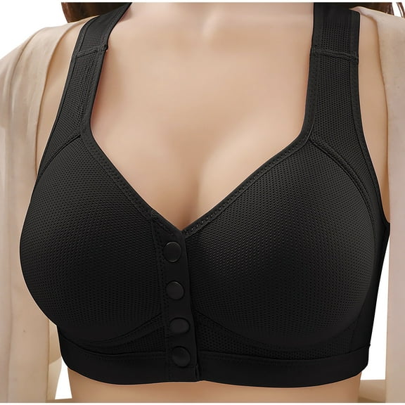 ELABCH Bras for Women Daisy Bra No Underwire Front Closure Support Full Coverage Bra Soft Cup Breathable Wide Shoulder Bra Button Closure Wireless Bra for Seniors Black 44C