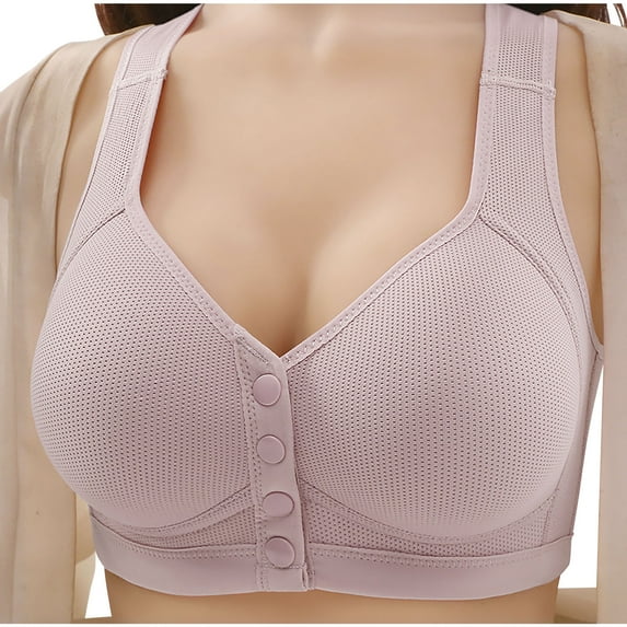 ELABCH Bras for Women Daisy Bra No Underwire Front Closure Support Full Coverage Bra Soft Cup Breathable Wide Shoulder Bra Button Closure Wireless Bra for Seniors Purple 38C