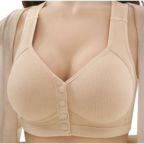 ELABCH Bras for Women Daisy Bra No Underwire Front Closure Support Full Coverage Bra Soft Cup Breathable Wide Shoulder Bra Button Closure Wireless Bra for Seniors Beige 44C