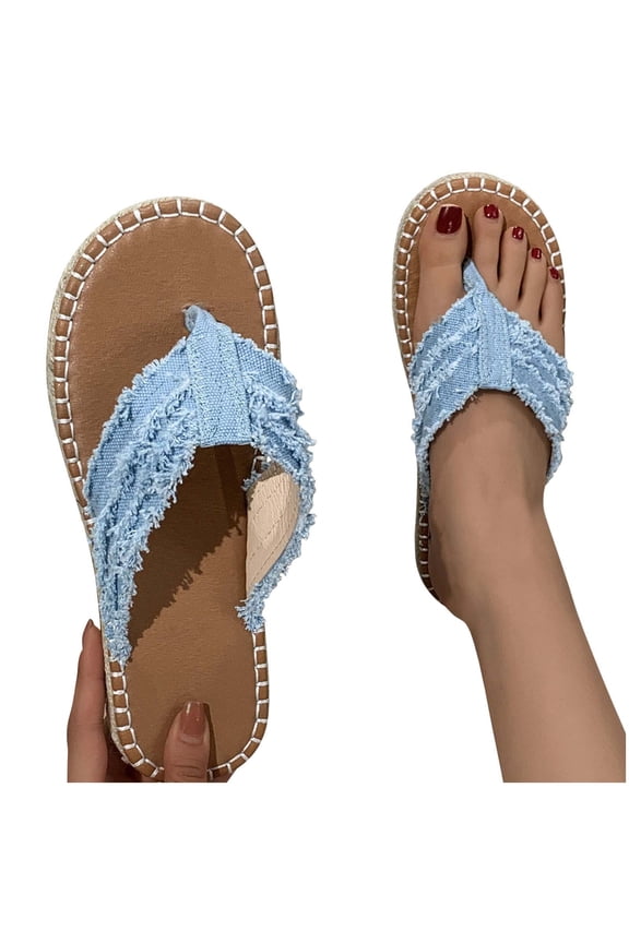 Flat Sandals Women Flip Flops for Women Casual Flat Straw Sandals Fisherman's Shoes Retro Beach Style Sandals And Slippers Large Size Shoes Light Blue Size 43