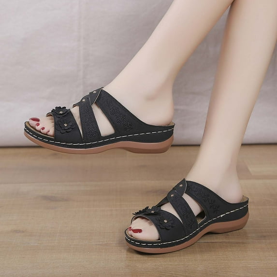 ELABCH Flat Sandals Women Flip Flops for Women Wedge Heel Fish Mouth Thick Sole Large Shoes Multi Color Embroidery Cool Drag Girl Black Size 38