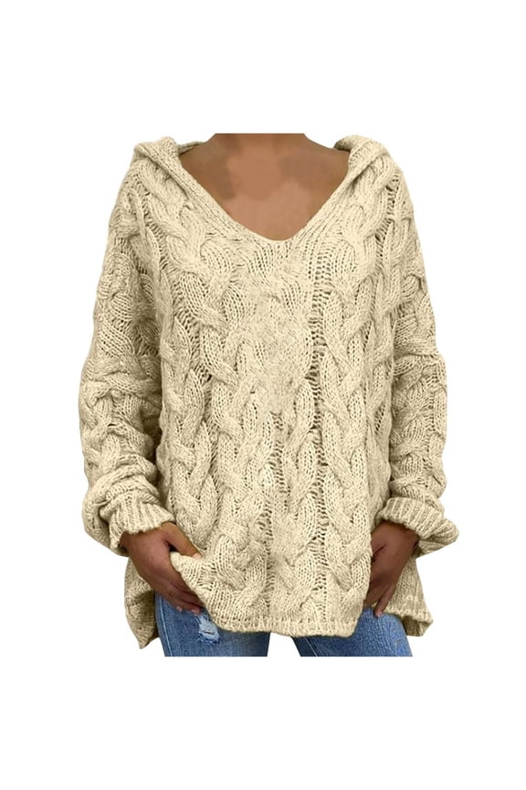 Hoodle Sweaters for Women V Neck Long Sleeve Chunky Cable Knit Sweaters Loose Casual Blouse tops Beige, S-XXL
