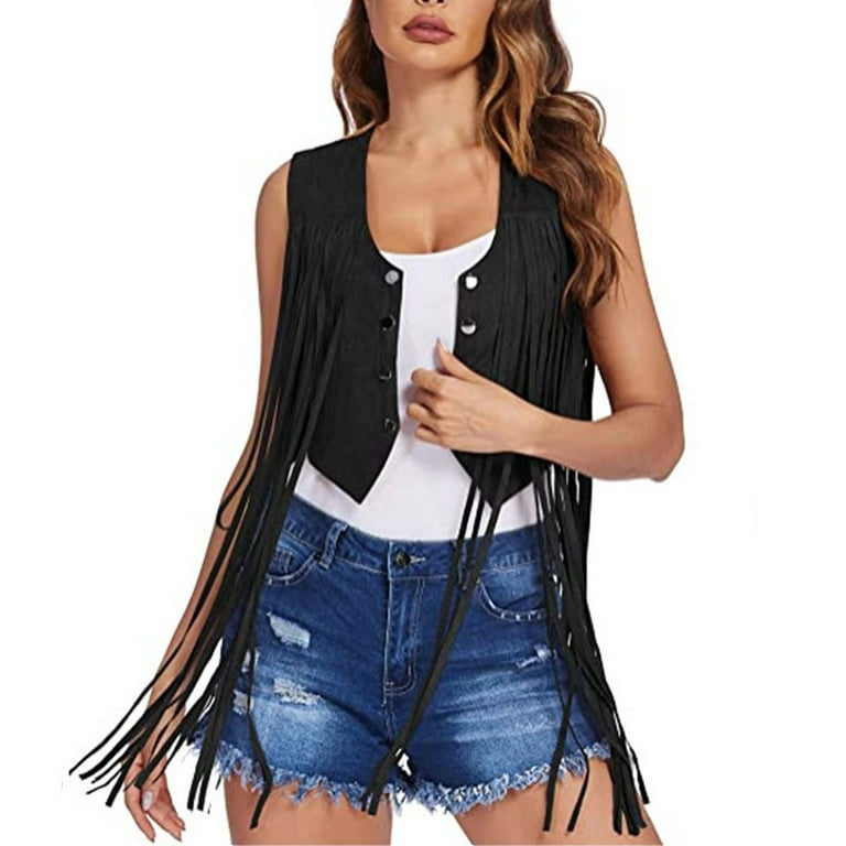 ELABCH Jackets Vest for Women Sleeveless Ethnic Jacket Vintage Solid Lightweight Cardigan Button Down Irregular Hem Fringe Waistcoat Slim Vests Jackets Black S 2XL Walmart