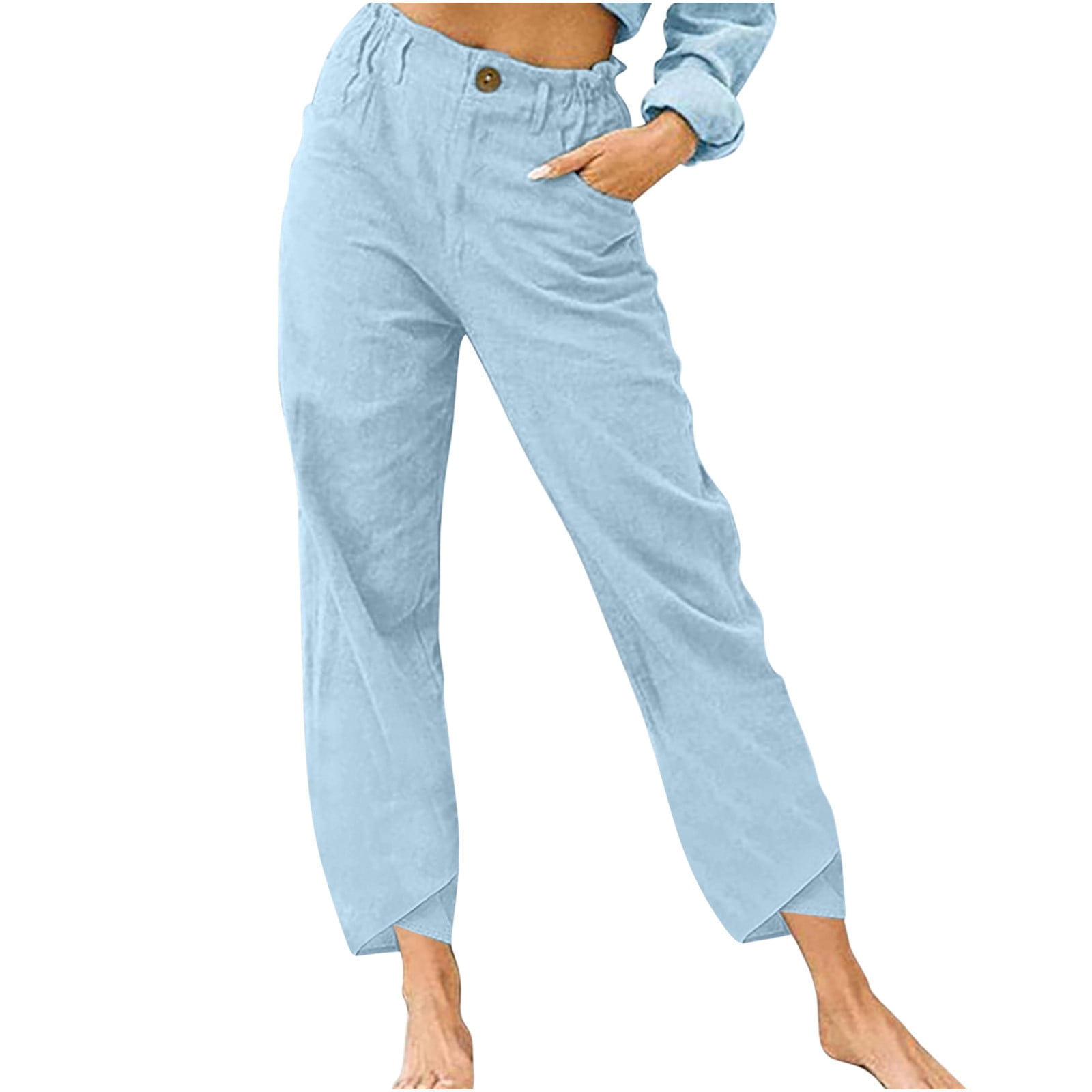 ELABCH Pants for Woman Plus Size Capri Summer High Waisted Pants Cotton ...