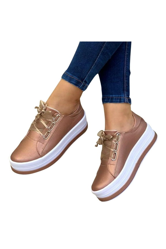 Platform Sneakers for Women Fashion Round Toe Thick Heels Walking Running Shoes Women Plus Size Lace-up Casual Lightweight Spring and Fall Sneakers Rose Gold 9.5