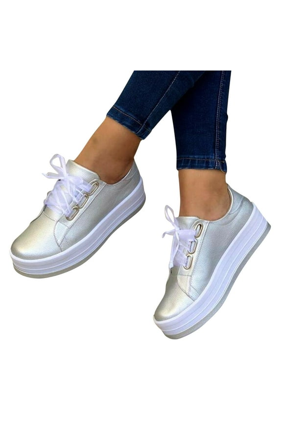 Platform Sneakers for Women Fashion Round Toe Thick Heels Walking Running Shoes Women Plus Size Lace-up Casual Lightweight Spring and Fall Sneakers Silver 6.5