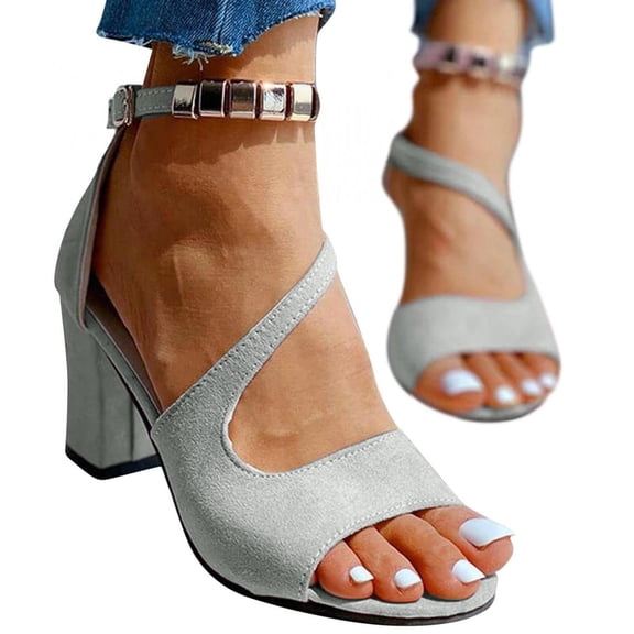 ELABCH Sandals for Women Buckle Strap Chunky Heel Sandals High Heels Beaded Fish Mouth Sandals Gray Size 8.5