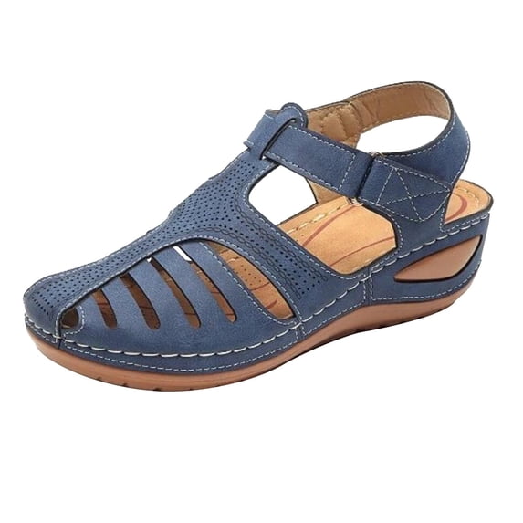ELABCH Sandals for Women Soft Leather Closed Toe Vintage Anti Slip Sandals for Blue Size 5.5
