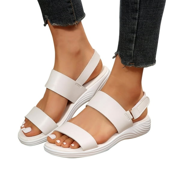 ELABCH Sandals for Women Summer Flats Sandals Leather Leisure Adhesive Band Sandals White Size 9