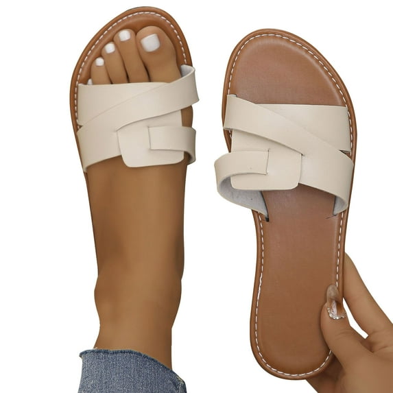 ELABCH Sandals for Women Summer Plus Size Solid Flat Flat with Open Toed Beach Slippers Beige Size 9