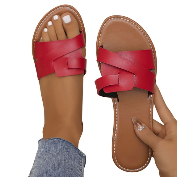 ELABCH Sandals for Women Summer Plus Size Solid Flat Flat with Open Toed Beach Slippers Red Size 6.5