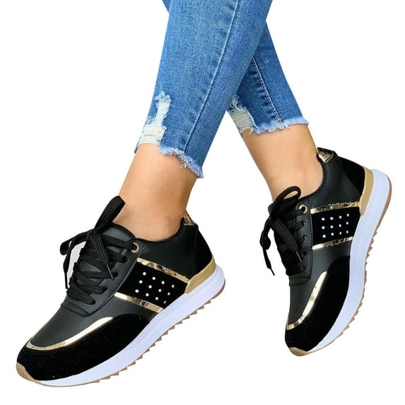 Summer Kukoosong Sneakers for Women Round Head Thick Sole Low Top Color Block outdoor Sports Lace-up Casual Walking Running Work Shoes Non Slip Food Service Work Shoes Black 5.5