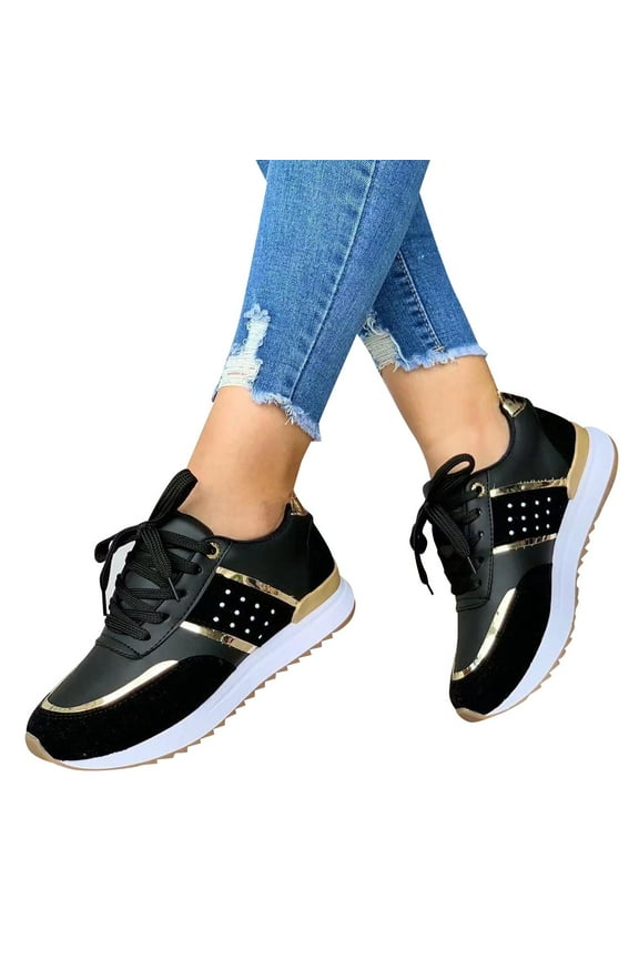 Sneakers for Women Round Head Thick Sole Low Top Color Block outdoor Sports Lace-up Comfy Casual Walking Running Work Shoes Non Slip Food Service Work Shoes Black 9