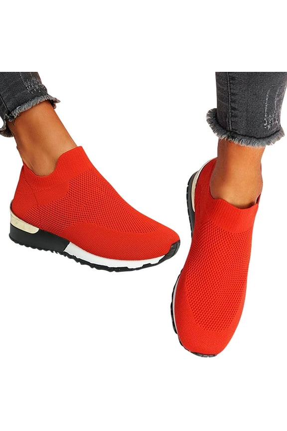 Sneakers for Women,Stretch Cloth Plus Size Spring Summer Comfortable Casual Walking Running Sports Shoes,Solid Slip on Non Slip Shoes for Women Food Service Red 7.5