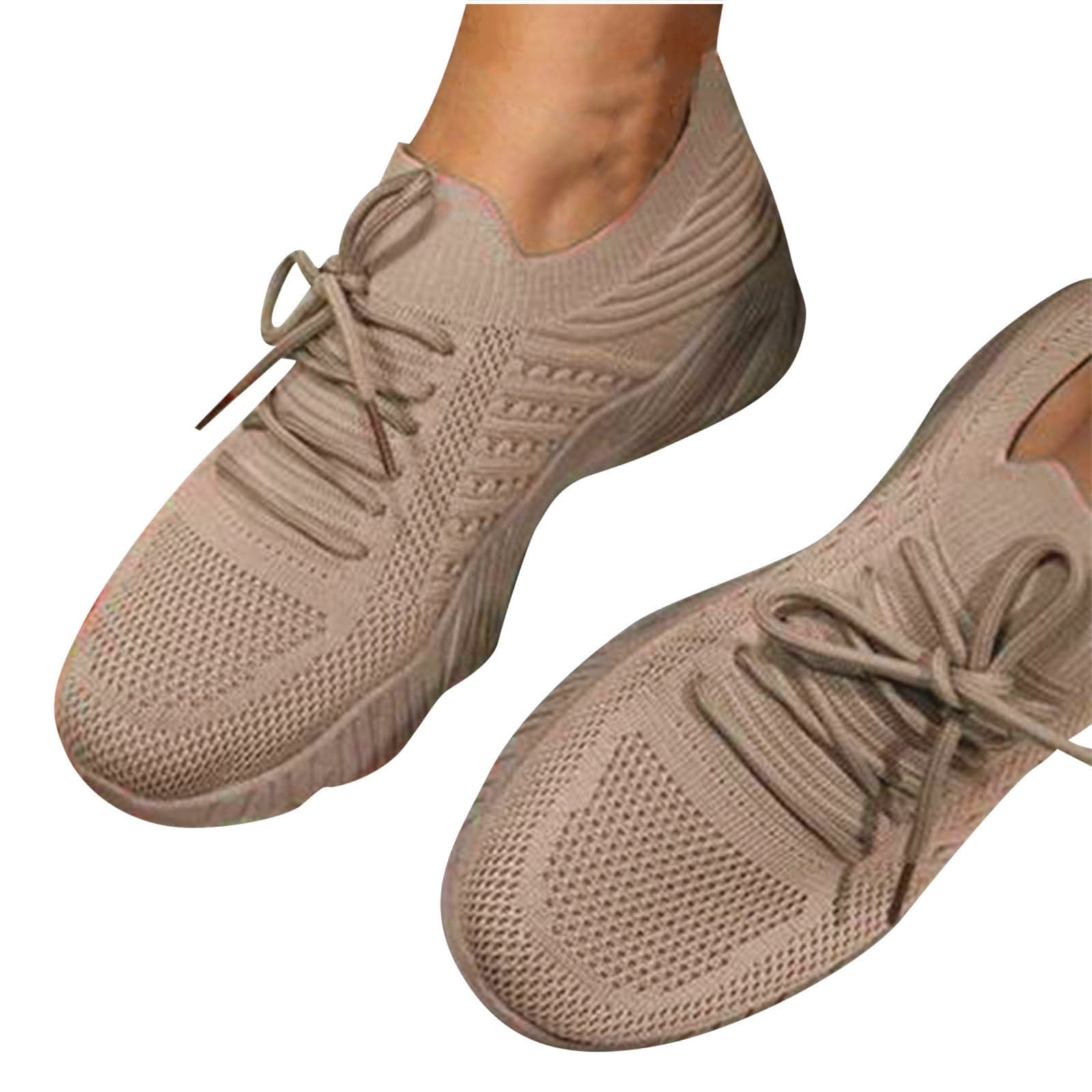 Sneakers for Women Summer Plus Size Fashion Casual Mesh Breathable Sports Shoes Solid Color Lace up Non Slip Sneakers Walking Shoes for Women Khaki 5.5