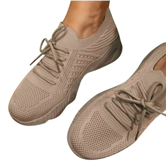 Kukoosong Sneakers for Women Summer Plus Size Fashion Casual Mesh Breathable Sports Shoes Solid Color Lace up Non Slip Sneakers Walking Shoes for Women Khaki 6.5