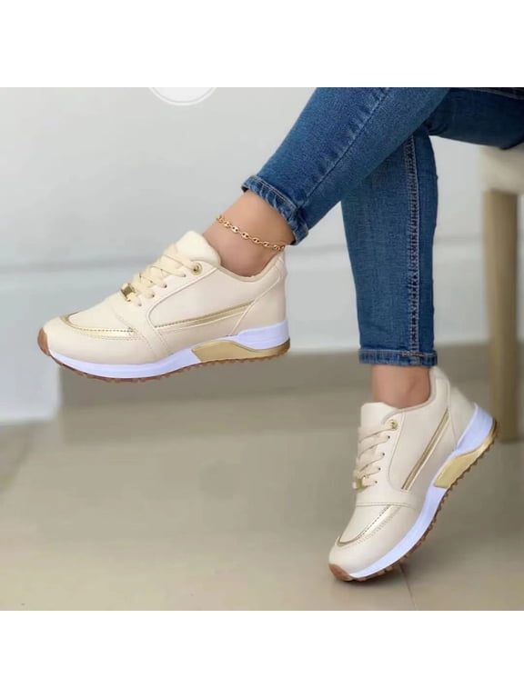 Sneakers for Women Casual Thick Sole Casual Thick Sole Color Matching Low Top Sports Tieup Single Shoe Beige US Size 9.5