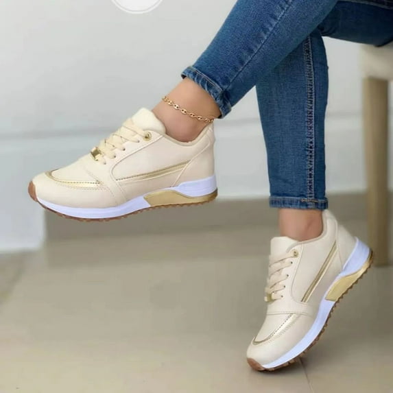 ELABCH Sneakers for Women Casual Thick Sole Casual Thick Sole Color Matching Low Top Sports Tieup Single Shoe Beige US Size 9
