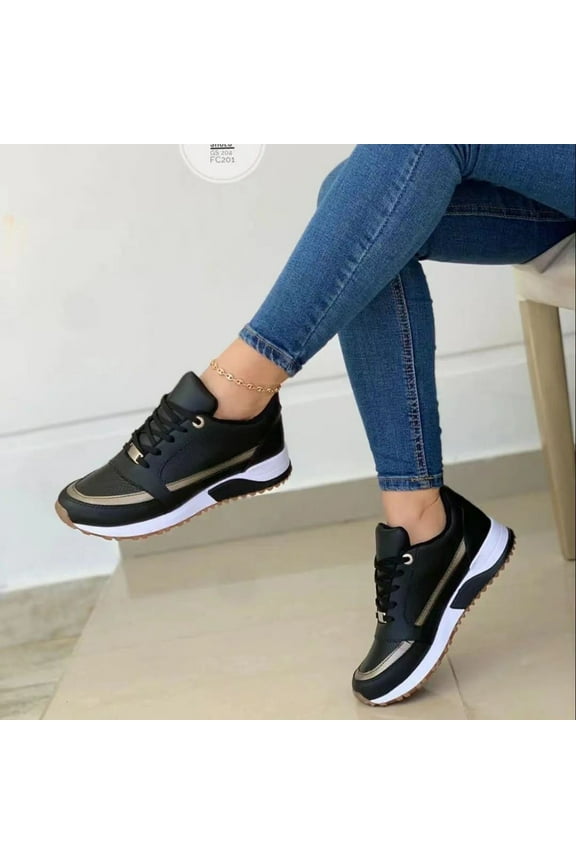 Sneakers for Women Casual Thick Sole Casual Thick Sole Color Matching Low Top Sports Tieup Single Shoe Black US Size 6.5