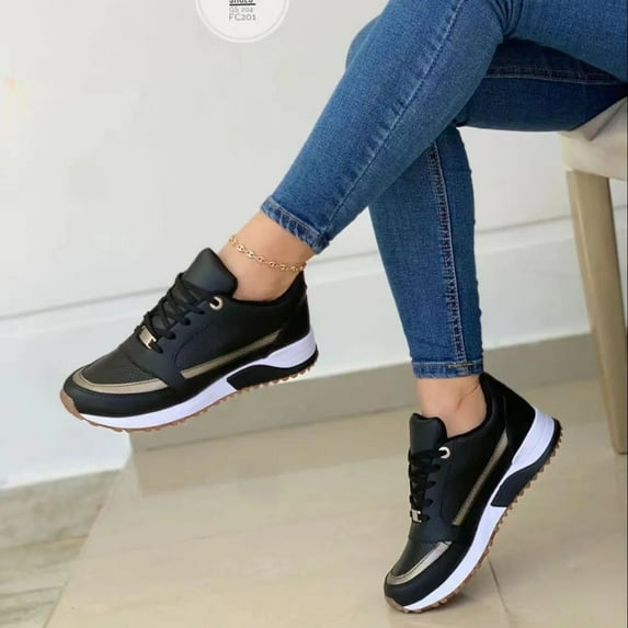 ELABCH Sneakers for Women Casual Thick Sole Casual Thick Sole Color Matching Low Top Sports Tieup Single Shoe Black US Size 9