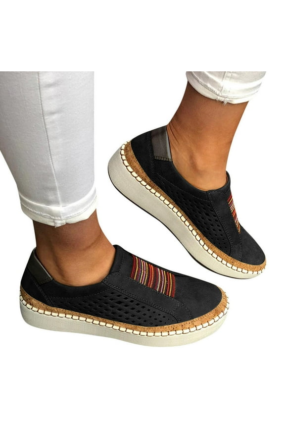 Sneakers for Women Fashion Casual Hollow Out Round Toe Slip On Shoes Thick Bottom Sneakers Black US Size 6