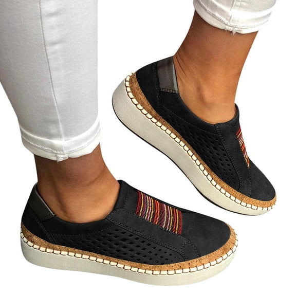 ELABCH Sneakers for Women Fashion Casual Hollow Out Round Toe Slip On Shoes Thick Bottom Sneakers Black US Size 9.5-10