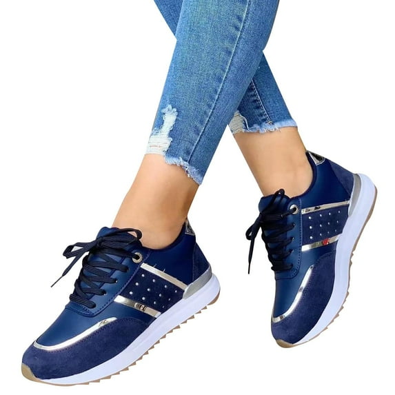 ELABCH Sneakers for Women Round Thick Sole Low Top Stitching Outdoor Sports Lace Up Comfortable Casual Shoes Blue US Size 7
