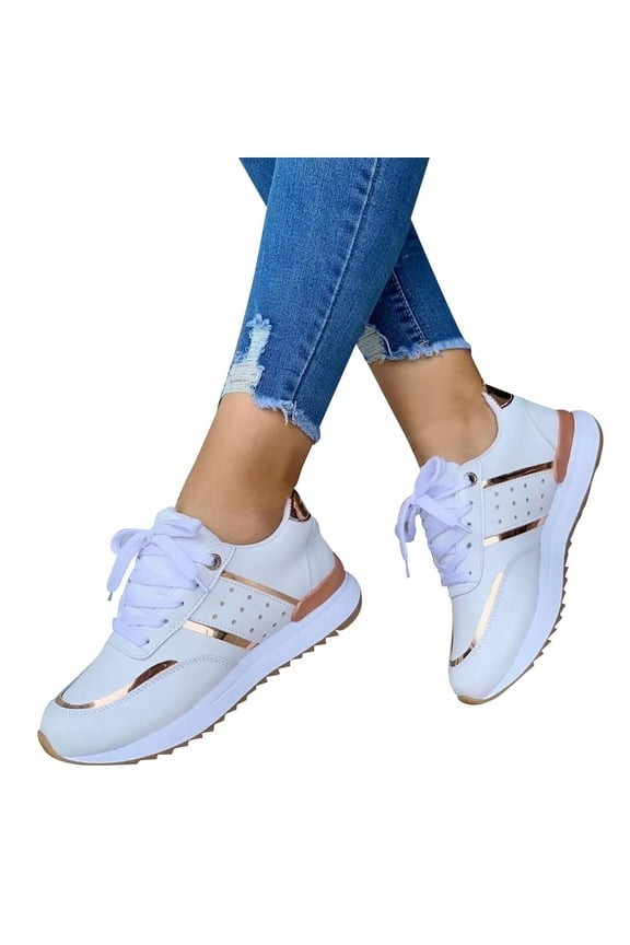 Sneakers for Women Round Thick Sole Low Top Stitching Outdoor Sports Lace Up Comfortable Casual Shoes White US Size 7