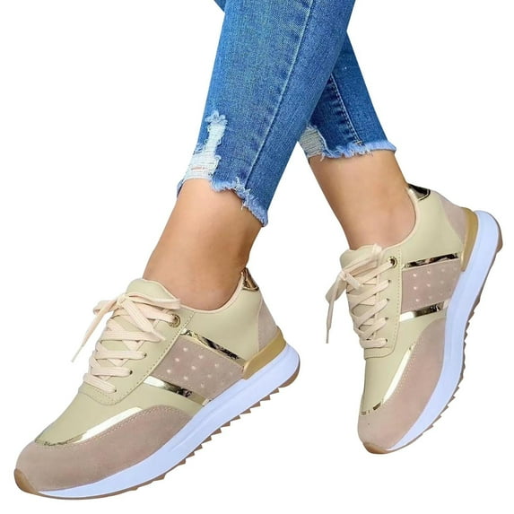 ELABCH Sneakers for Women Round Thick Sole Low Top Stitching Outdoor Sports Lace Up Comfortable Casual Shoes Yellow US Size 6