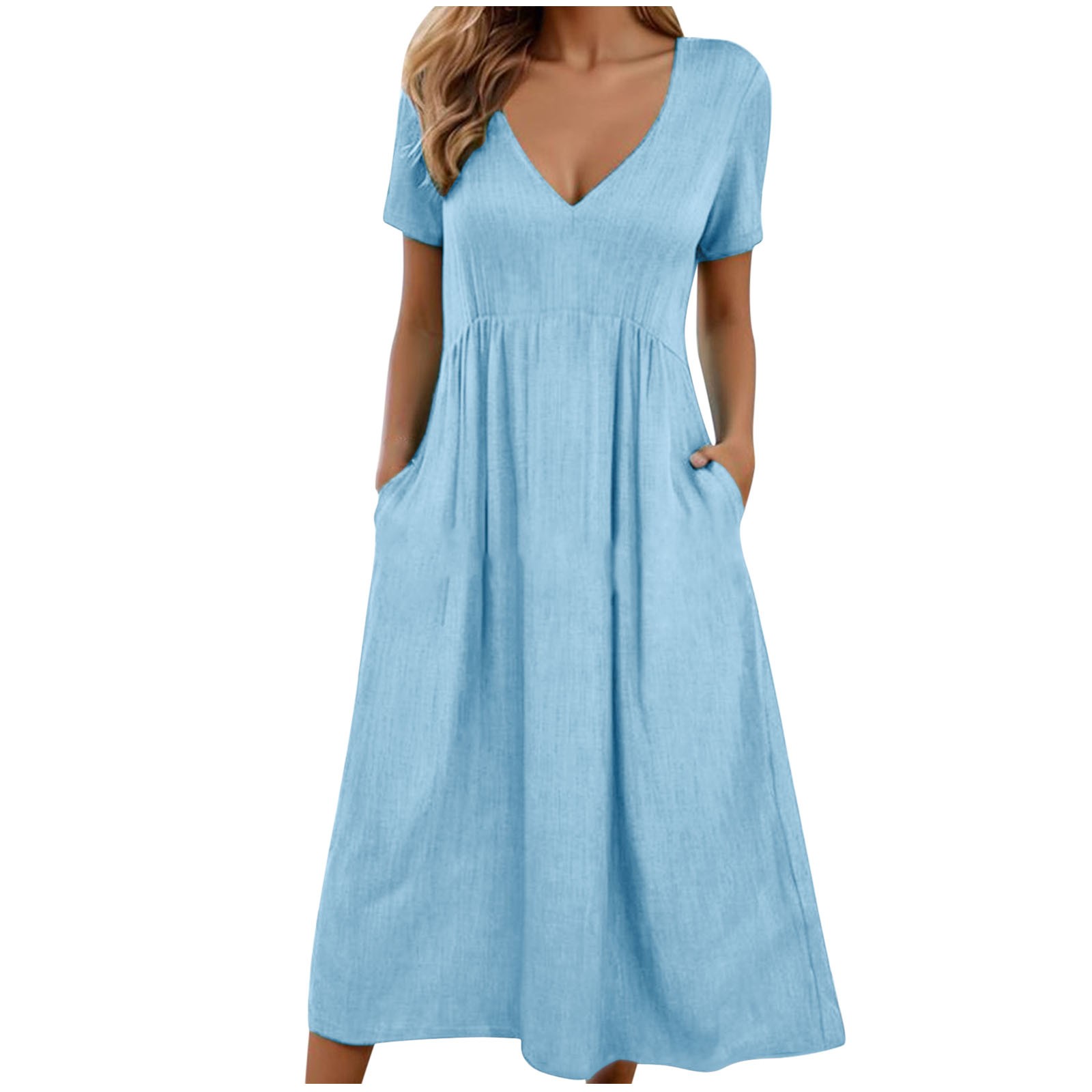 ELABCH Summer Dresses for Women 2024 Fashion Solid Color Short Sleeve V ...
