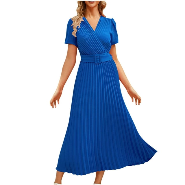 ELABCH Summer Dresses for Women 2024 New V-neck Ankle Dress Pleated ...