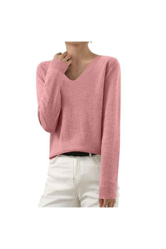 Sweaters for Women V Neck Knit Sweater Ribbed Long Sleeve Lightweight Sweater Pink, S-XXL