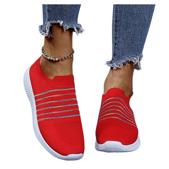 Kukoosong Walking Shoes for Women Fashion Casual Solid Color Stripe Printing Mesh Breathable Slip on Sneakers Loafers Shoes Womens Non Slip Work Workout Shoes Red 7.5