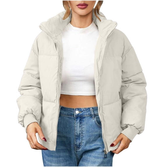 ELABCH Women's Cropped Down Jackets & Parkas Warm Jackets Down Jacket Junior Winter Coats for Teen Girls Lapel Button Zipper Coat tops Warmer Comfortable Solid Bread Padded Short Coat Outwear, S-XL